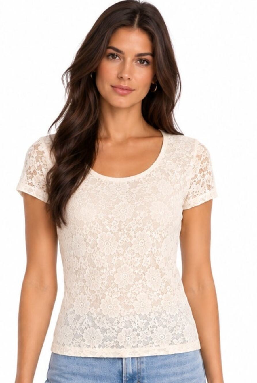E. K Designs Ivory Floral Lace Short Sleeve Top EUC Size Medium